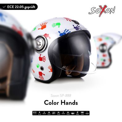 SOXON SP-888 Color Hands Jet-Helm Motorrad Vespa Roller + Sonnen-Visier ECE XS-XL