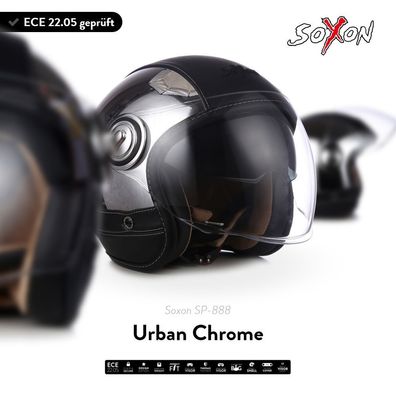 SOXON SP-888 URBAN CHROME Jet-Helm Motorrad-Helm Vespa Sonnen-Visier ECE XS-XL