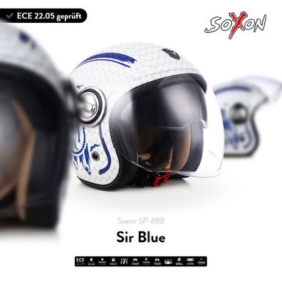 SOXON SP-888 Sir Blue Jet-Helm Motorrad Scooter Vespa Roller + Sonnenvisier ECE XS-XL