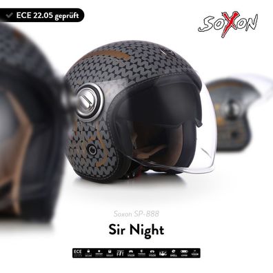 SOXON SP-888 Sir Night Jet-Helm Motorrad Scooter Vespa Roller + Sonnenvisier XS-XL