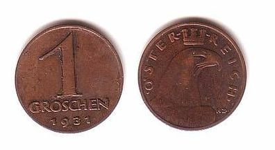 1 Groschen Kupfer Münze Österreich 1931