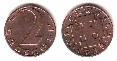 2 Groschen Kupfer Münze Österreich 1938