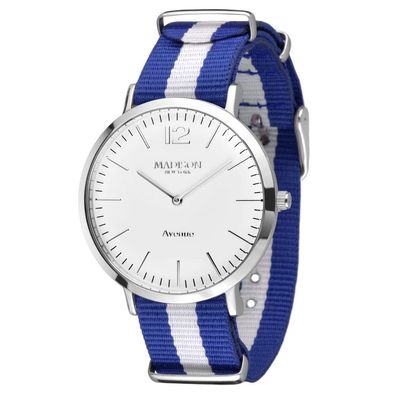 Madison NEW YORK Damen Uhr Armbanduhr Avenue Small Textil L4741F1 Weiß / Blau