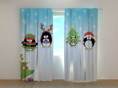 Fotogardine Christmas Pinguine, Vorhang bedruckt, Fotovorhang mit Motiv, nach Maß