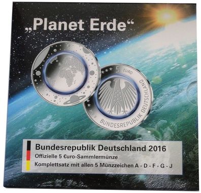 BRD: 5 x 5 Euro Bimetall Blauer Planet Erde STGL ADFGJ mit Polymer Ring 2016 Blister