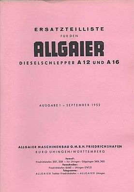 Ersatzteilliste Allgaier Dieselschlepper A 12 / A 16, Trecker, Traktor, Oldtimer