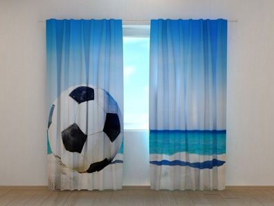 Fotogardine Fussball am Strand, Vorhang bedruckt, Fotovorhang mit Motiv, nach Maß