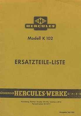 Ersatzteilliste Hercules Modell K 102, Oldtimer,