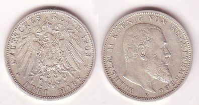3 Mark Silber Münze Württemberg 1909 F