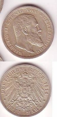 3 Mark Silber Münze Württemberg 1914 F