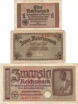 3 Banknoten Deutschland Reichskreditkassen um 1940