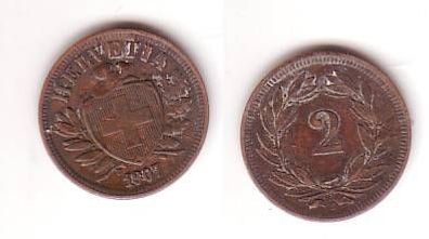 2 Rappen Kupfer Münze Schweiz 1907