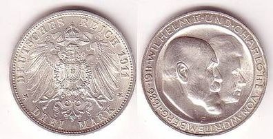3 Mark Silber Münze Württemberg Silberhochzeit 1911