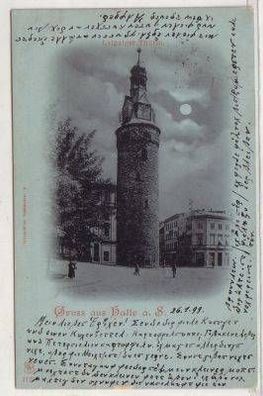 47282 Mondscheinkarte Gruß aus Halle Leipziger Turm 1899