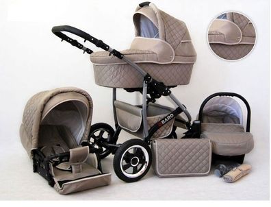 Kinderwagen Qbaro Alu, 3 in 1 - Set Wanne Buggy Babyschale Autositz mit Zubehör Khaki