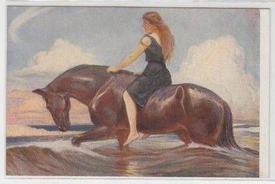48403 Kunst Ak Frau mit Pferd am Meer um 1920