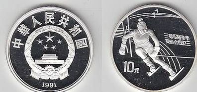 Silber Münze China 10 Yuan Slalomläufer 1991
