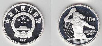 Silber Münze China 10 Yuan Tischtennisspielerin 1991