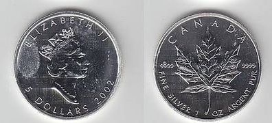 1 Unze Silber Münze Kanada 5 Dollar Maple Leaf 2002