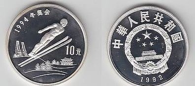 Silber Münze China 10 Yuan Skispringer 1992