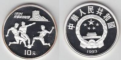 Münze China 10 Yuan Fußball WM USA 1994 Dreikampf