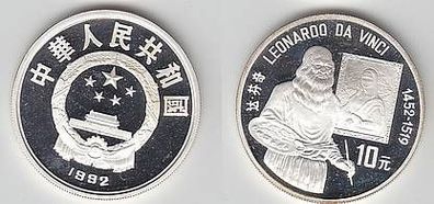 Silber Münze China 10 Yuan Leonardo da Vinci 1992