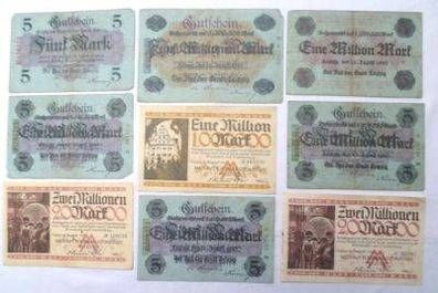 9 Banknoten Inflation Stadt Leipzig 1918-1923