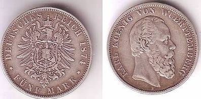 5 Mark Silber Münze Karl König von Württemberg 1874