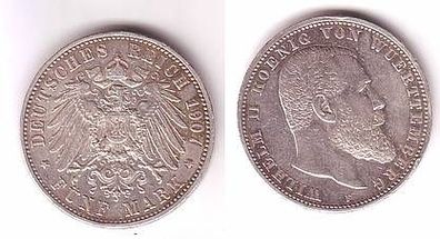 5 Mark Silber Münze Wilhelm König von Württemberg 1907