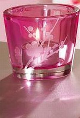 Teelichthalter Glas rosafarben mit geätztem Dekor Herbst Deko Dekoartikel