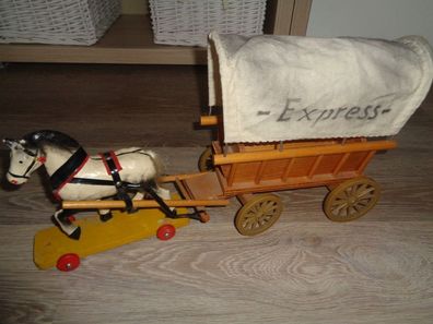 Pferd mit Leiterwagen / Plaswagen aus Holz aus DDR zeiten -45cm