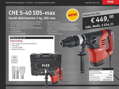 Flex Kombi Bohrhammer CHE 5-40 SDS-max + Meißel-Set (Aktion) # 451.495