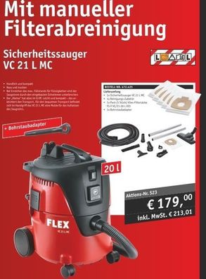 Flex Sicherheitssauger Staubsauger VC 21 L MC + Zubehör + Beutel + Adapter #472.425