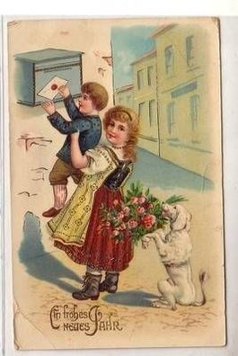 45730 Neujahrs Ak 2 Kinder und Hund am Briefkasten 1908