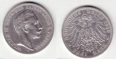 3 Mark Silber Münze Preussen Kaiser Wilhelm II 1910 A