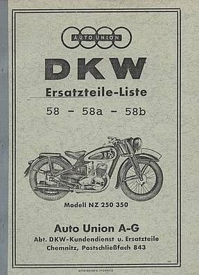 Eratzteile-Liste DKW Modell NZ 250/350, Motorrad, Oldtimer