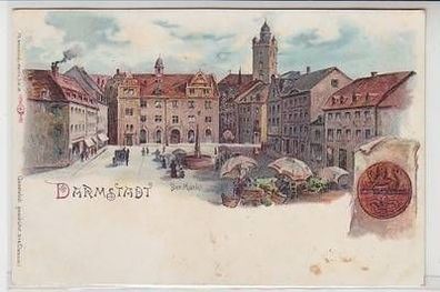 50639 Ak Lithographie Darmstadt der Markt um 1900