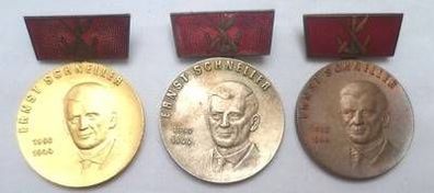 3 x DDR Ernst Schneller Medaillen der GST in Gold Silber und Bronze