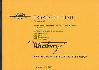 Ersatzteilliste Wartburg PKW 1000 ccm, 45 PS, 3 Zylinder 311, DDR Oldtimer