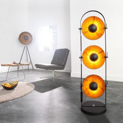cagü: Design Retro Lounge 3er Stehlampe Stehleuchte (SPOT] Schwarz-Gold 130cm Höhe