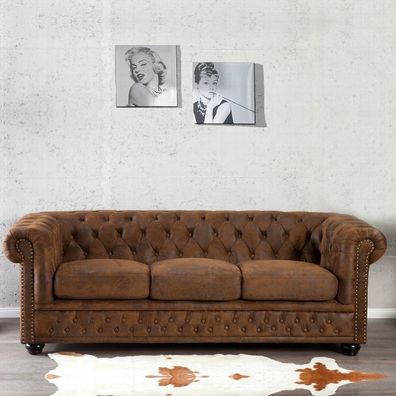cagü: Edles Chesterfield 3er Sofa (WINCHESTER] Braun Kunstleder Chaiselounge, NEU!