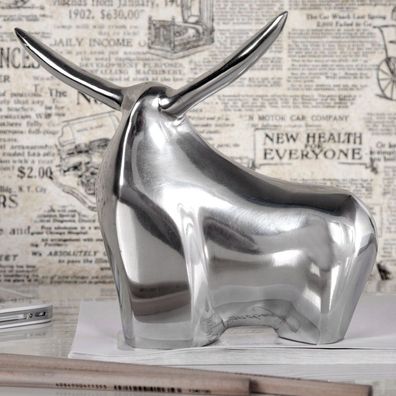 cagü: Deko Skulptur Briefbeschwerer STIER [HECTOR] Silber Poliertes Aluminium 17cm