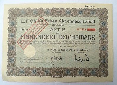 alte Aktie 100 Mark E.F. Ohles Erben Aktiengesellschaft Breslau 1929