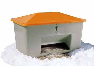 550l Streugutbehälter, Streugutkiste, Streubox, GFK, grau/ orange mit Entnahmeöffnung