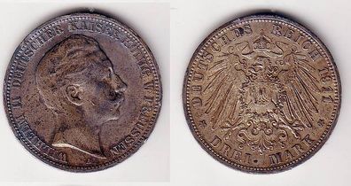 3 Mark Silber Münze Preussen Kaiser Wilhelm II 1911 A