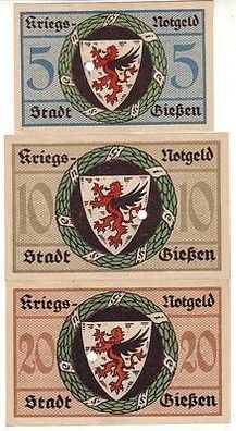 3 Banknoten 5, 10 und 20 Mark Großnotgeld der Stadt Giessen 1918