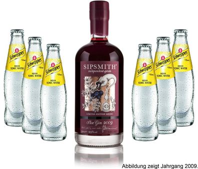 Gin Tonic Set - Sipsmith Sloe Gin (Jahrgang 2015) 0,5l (29% Vol) + 6x Schweppes