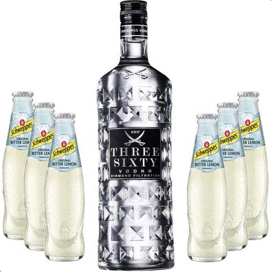 Vodka Lemon Set - Three Sixty Vodka 0,7l 700ml (37,5% Vol) + 6x Schweppes Bitte