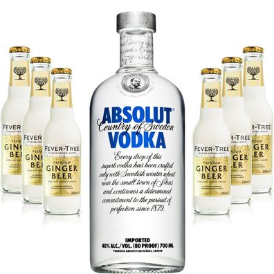 Moscow Mule Set - Absolut Vodka 0,7l 700ml (40% Vol) + 6x Fever Tree Ginger Bee
