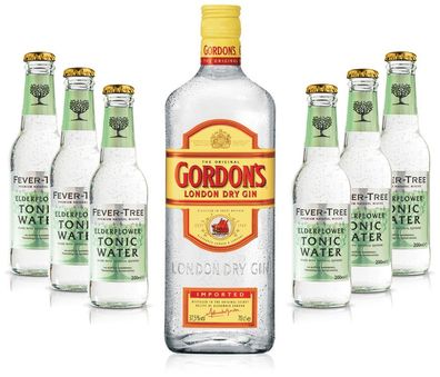 Gin Tonic Set - Gordons Gin 0,7l 700ml (37,5% Vol) + 6x Fever Tree Elderflower